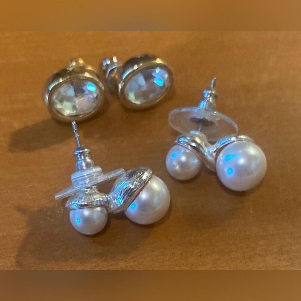 Lot 2 Silver Tone Stud Earrings Faux Pearl Crystal Women’s Round Jewelry